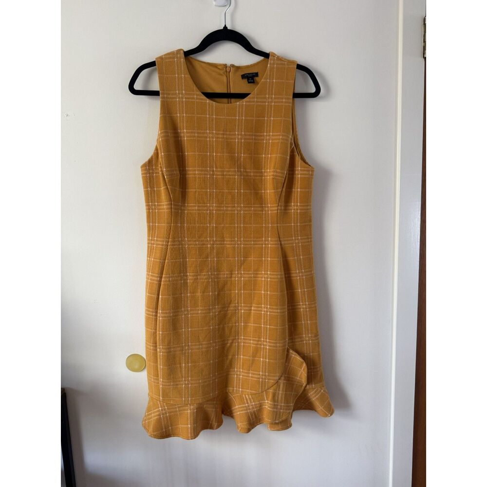 Ann Taylor Petite Mustard Plaid Sheath Dress with Ruffle Hem, Size 10P